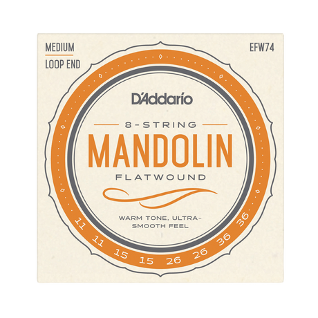 D'Addario 8-string mandolin flatwound string package, model EFW74, featuring warm tone strings with medium loop ends.