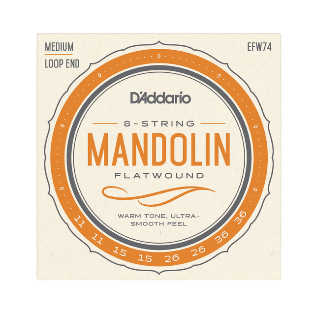 D'Addario 8-string mandolin flatwound string package, model EFW74, featuring warm tone strings with medium loop ends.