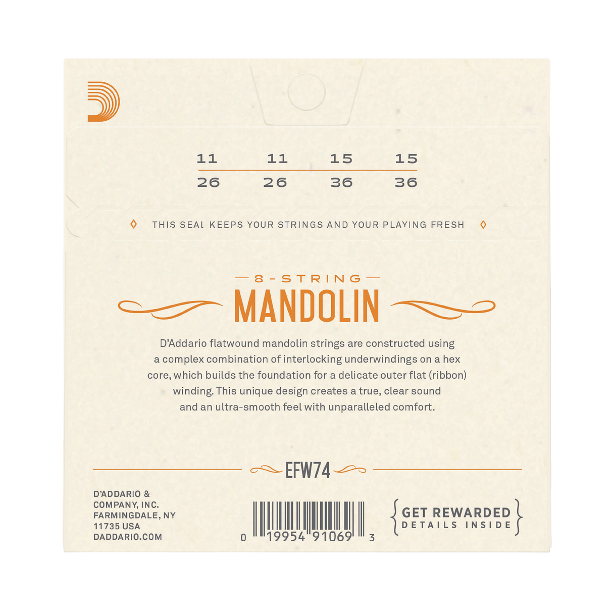 Backside of packaging for D'Addario EFW74 mandolin strings with string gauges and brand details