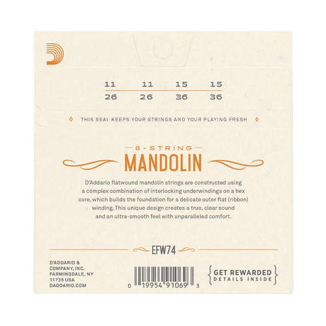 Backside of packaging for D'Addario EFW74 mandolin strings with string gauges and brand details