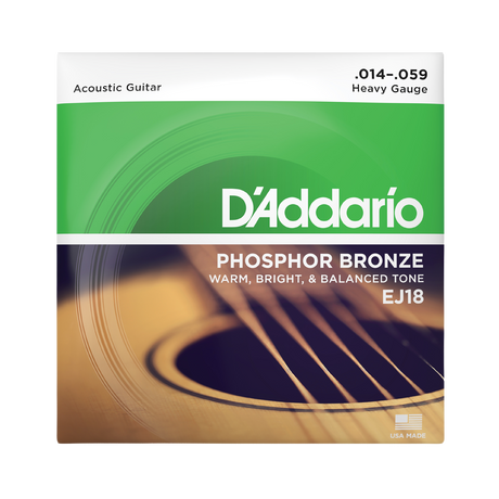 Packaging for D'Addario EJ18 Phosphor Bronze guitar strings with product details