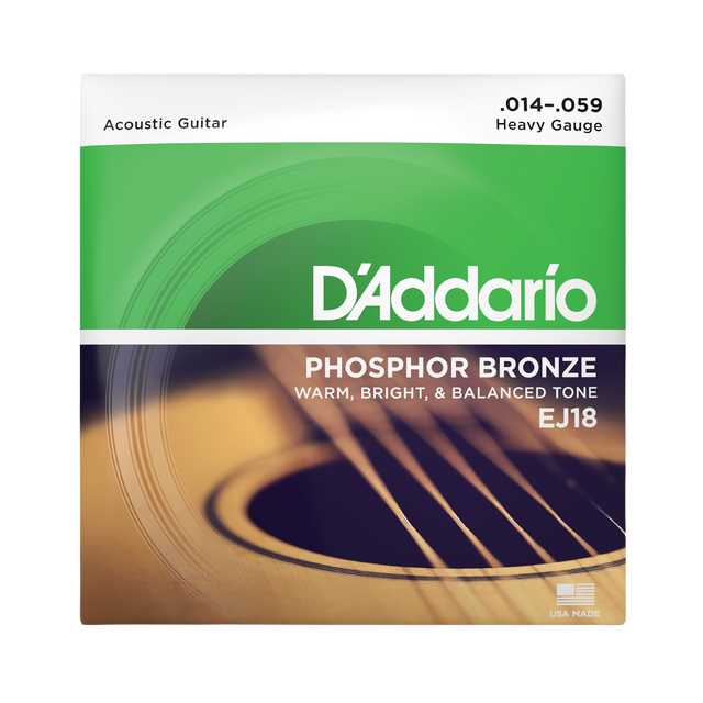 Packaging for D'Addario EJ18 Phosphor Bronze guitar strings with product details