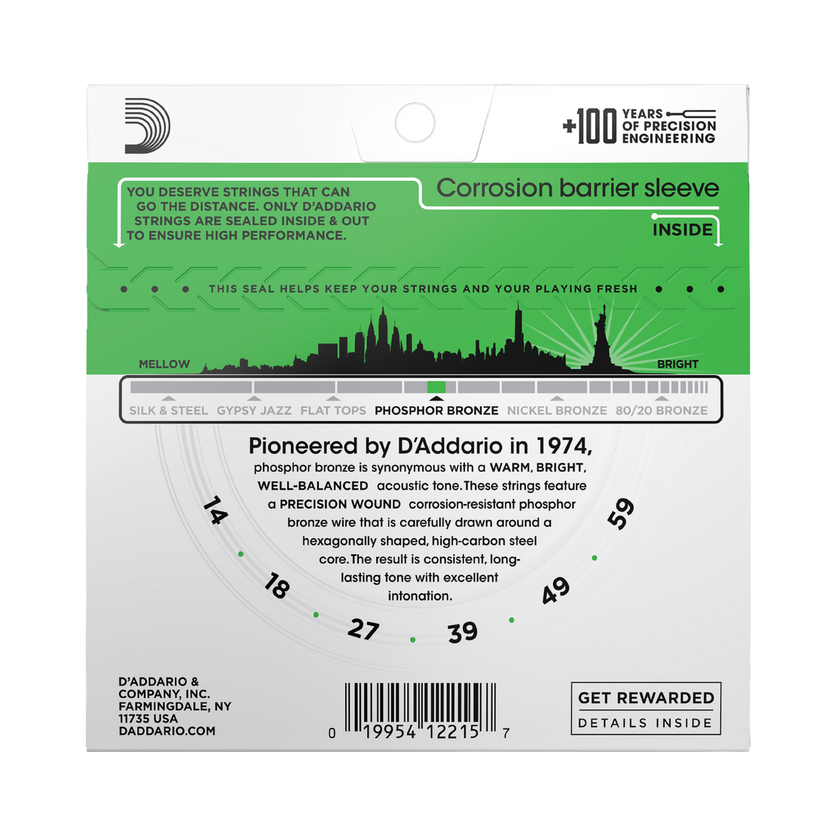 Backside of packaging for D'Addario EJ18 Phosphor Bronze guitar strings with string gauges and brand details