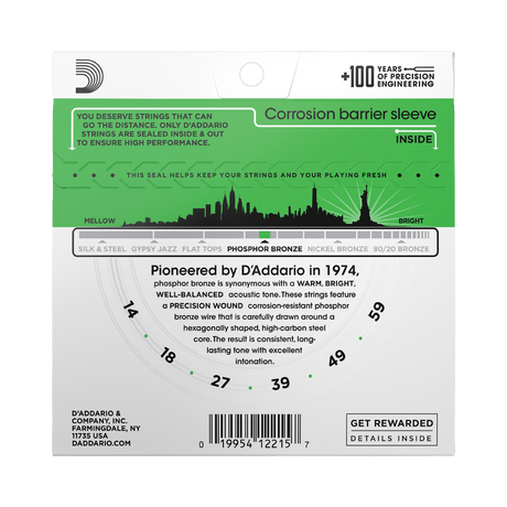 Backside of packaging for D'Addario EJ18 Phosphor Bronze guitar strings with string gauges and brand details