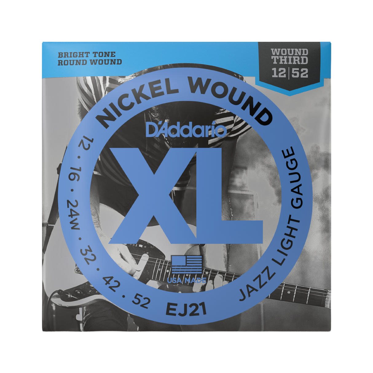 Packaging for D'Addario EJ21 Jazz Light guitar strings with product details