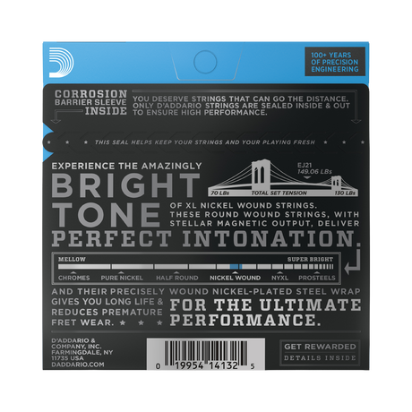 The backside of packaging for D'Addario EJ21 guitar strings with product details