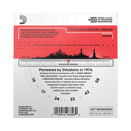 Backside of packaging for D'Addario EJ24 guitar strings with product details
