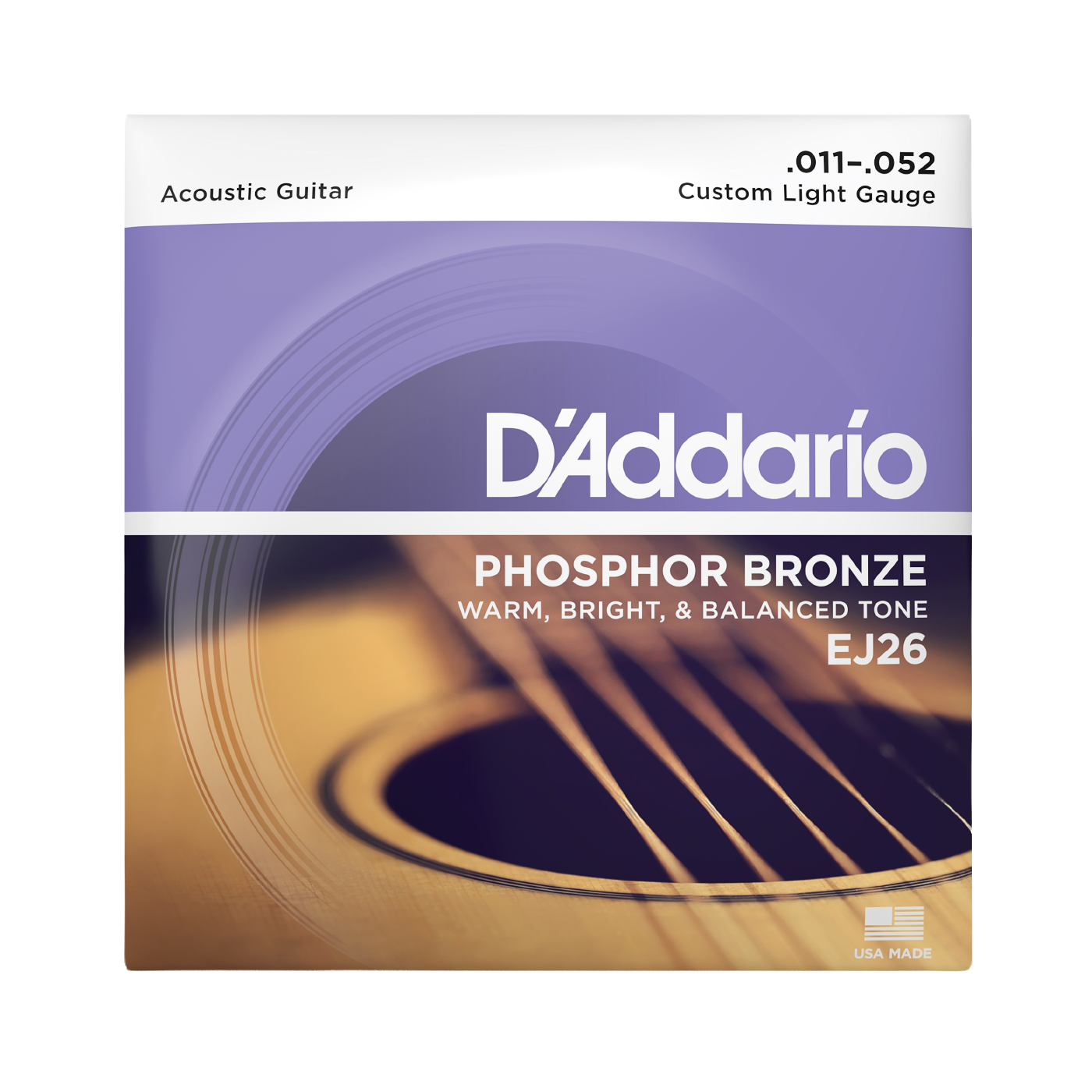 Packaging for D'Addario EJ26 guitar strings with brand details
