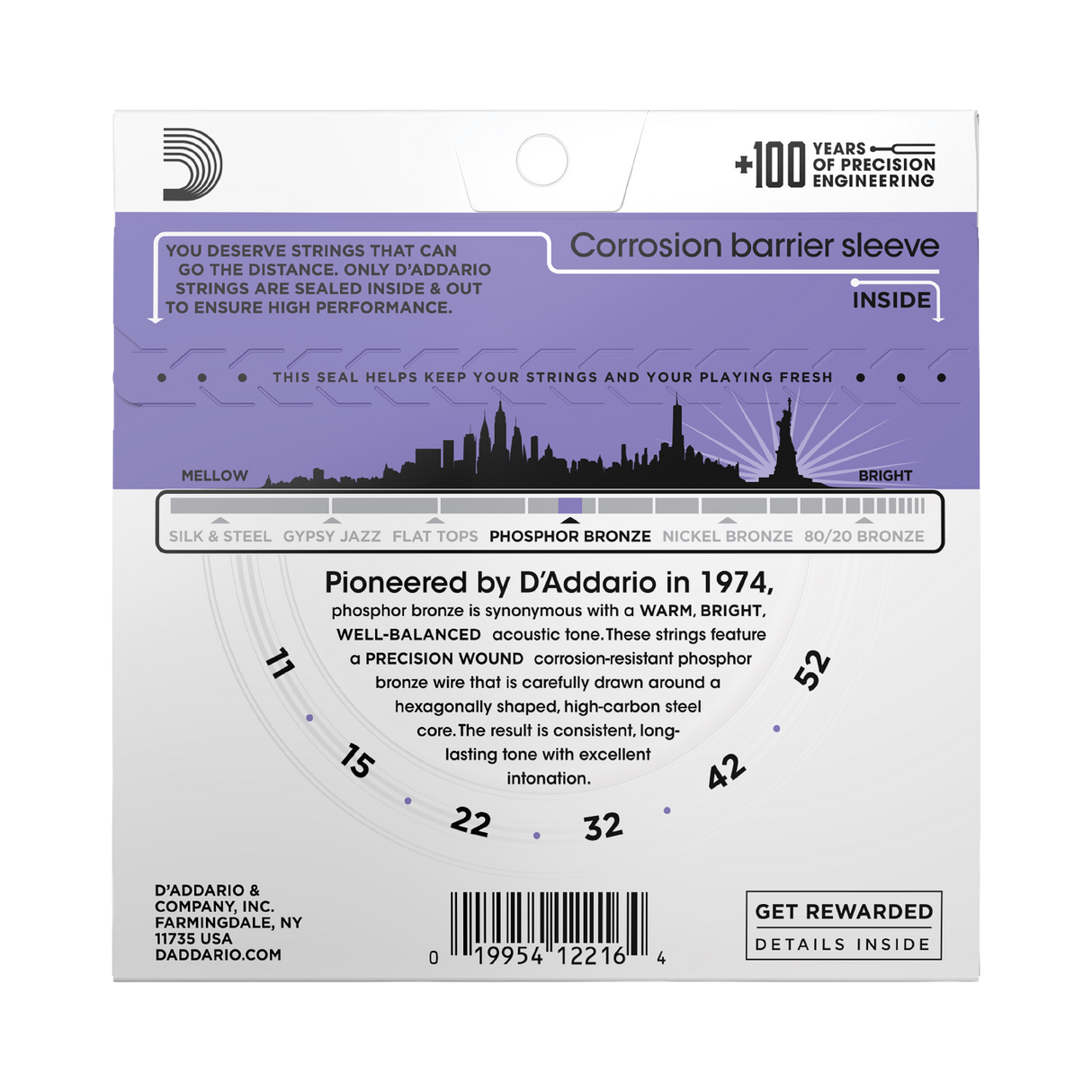 Backside of packaging for D'Addario EJ26 guitar strings with product details including string gauge
