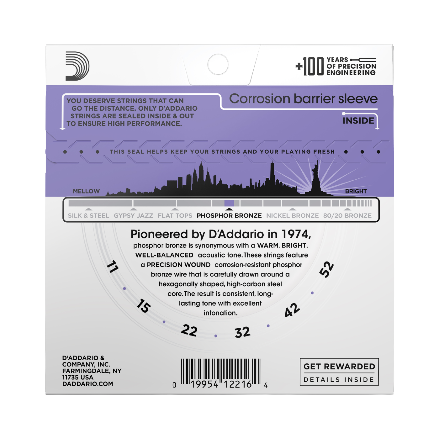 Backside of packaging for D'Addario EJ26 guitar strings with product details including string gauge
