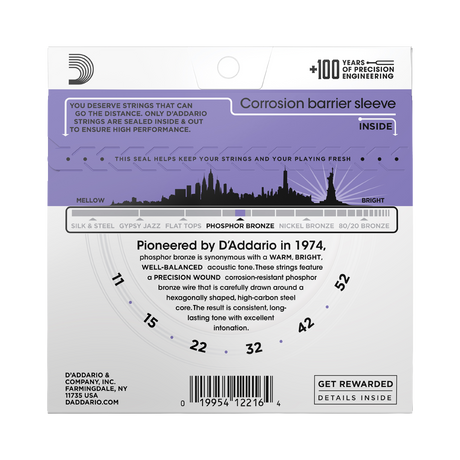 Backside of packaging for D'Addario EJ26 guitar strings with product details including string gauge