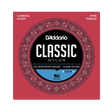 D'Addario Classic Nylon guitar strings package, EJ27H size, featuring a red square box with a circular black, white, and blue label.