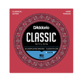 D'Addario Classic Nylon guitar strings package, EJ27H size, featuring a red square box with a circular black, white, and blue label.