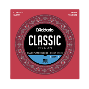 D'Addario Classic Nylon guitar strings package, EJ27H size, featuring a red square box with a circular black, white, and blue label.