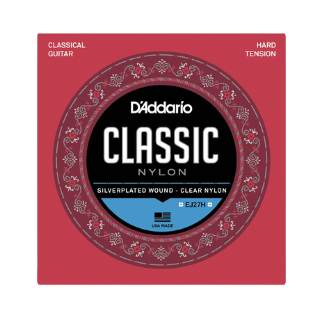 D'Addario Classic Nylon guitar strings package, EJ27H size, featuring a red square box with a circular black, white, and blue label.