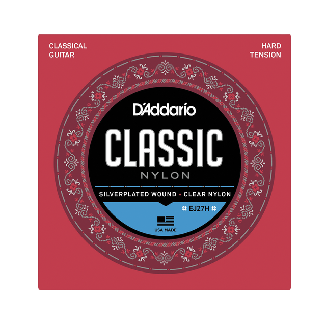 D'Addario Classic Nylon guitar strings package, EJ27H size, featuring a red square box with a circular black, white, and blue label.