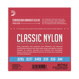 A square red product package for D'Addario Classic Nylon guitar strings, showing the string gauges 
