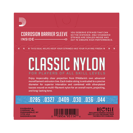 A square red product package for D'Addario Classic Nylon guitar strings, showing the string gauges 