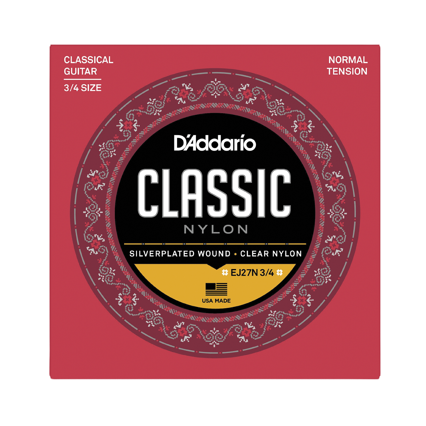 D'Addario Classic Nylon guitar strings 3/4 size package, featuring a red square box with a circular black, gold, and red label.
