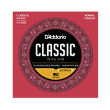 D'Addario Classic Nylon guitar strings 3/4 size package, featuring a red square box with a circular black, gold, and red label.