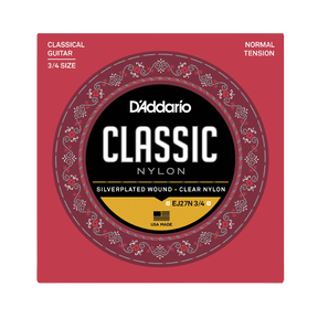 D'Addario Classic Nylon guitar strings 3/4 size package, featuring a red square box with a circular black, gold, and red label.