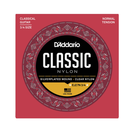 D'Addario Classic Nylon guitar strings 3/4 size package, featuring a red square box with a circular black, gold, and red label.