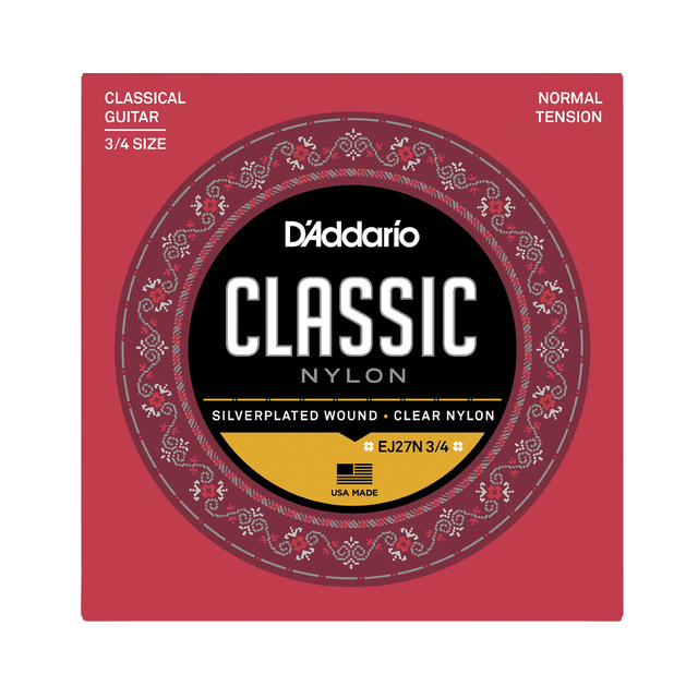 D'Addario Classic Nylon guitar strings 3/4 size package, featuring a red square box with a circular black, gold, and red label.