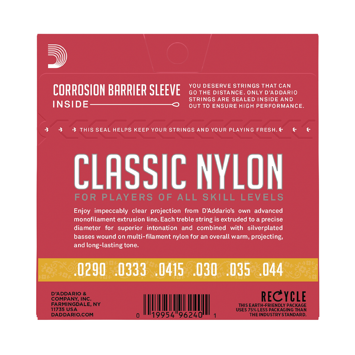 D'Addario Classic Nylon guitar string package back label, featuring a dark red background with white text, a gold strip showing string gauges, and a barcode at the bottom.