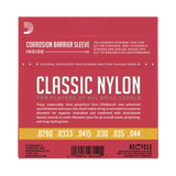D'Addario Classic Nylon guitar string package back label, featuring a dark red background with white text, a gold strip showing string gauges, and a barcode at the bottom.