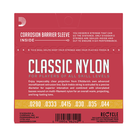 D'Addario Classic Nylon guitar string package back label, featuring a dark red background with white text, a gold strip showing string gauges, and a barcode at the bottom.