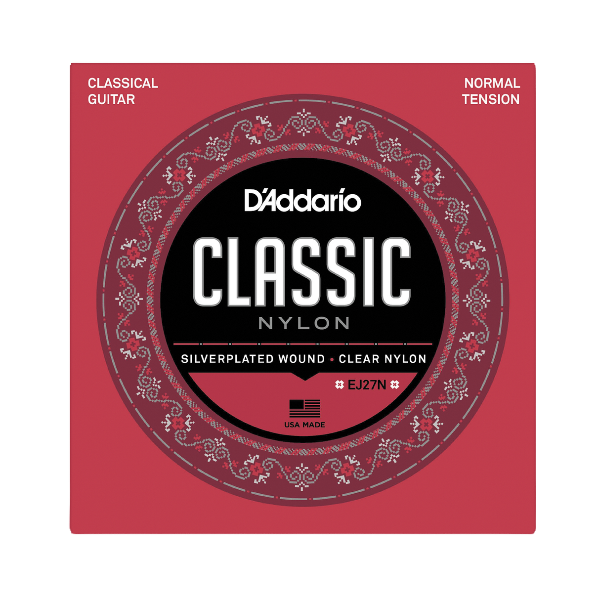 D'Addario Classic Nylon guitar strings package, model EJ27N, featuring a red and black circular design with white text and ornate detailing.