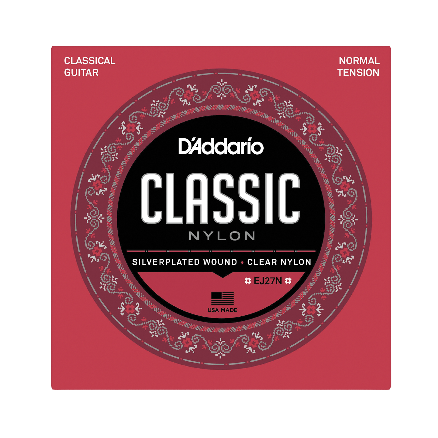 D'Addario Classic Nylon guitar strings package, model EJ27N, featuring a red and black circular design with white text and ornate detailing.