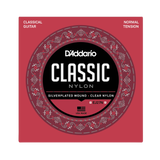 D'Addario Classic Nylon guitar strings package, model EJ27N, featuring a red and black circular design with white text and ornate detailing.
