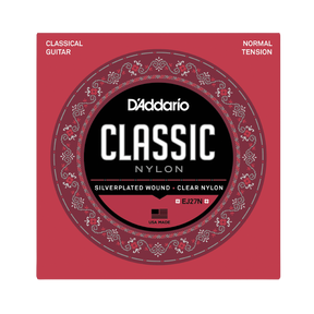 D'Addario Classic Nylon guitar strings package, model EJ27N, featuring a red and black circular design with white text and ornate detailing.