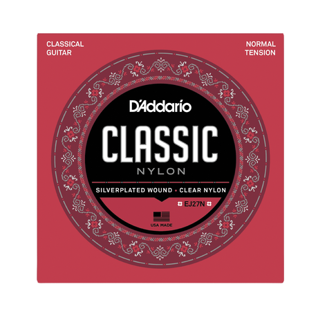 D'Addario Classic Nylon guitar strings package, model EJ27N, featuring a red and black circular design with white text and ornate detailing.