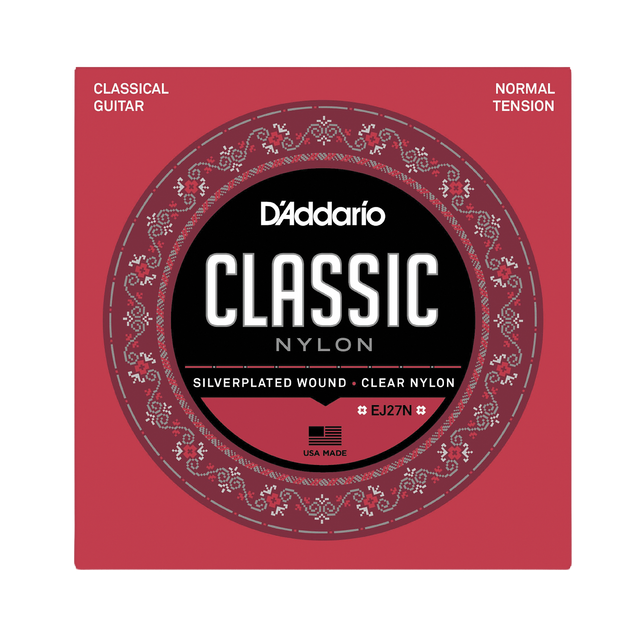 D'Addario Classic Nylon guitar strings package, model EJ27N, featuring a red and black circular design with white text and ornate detailing.