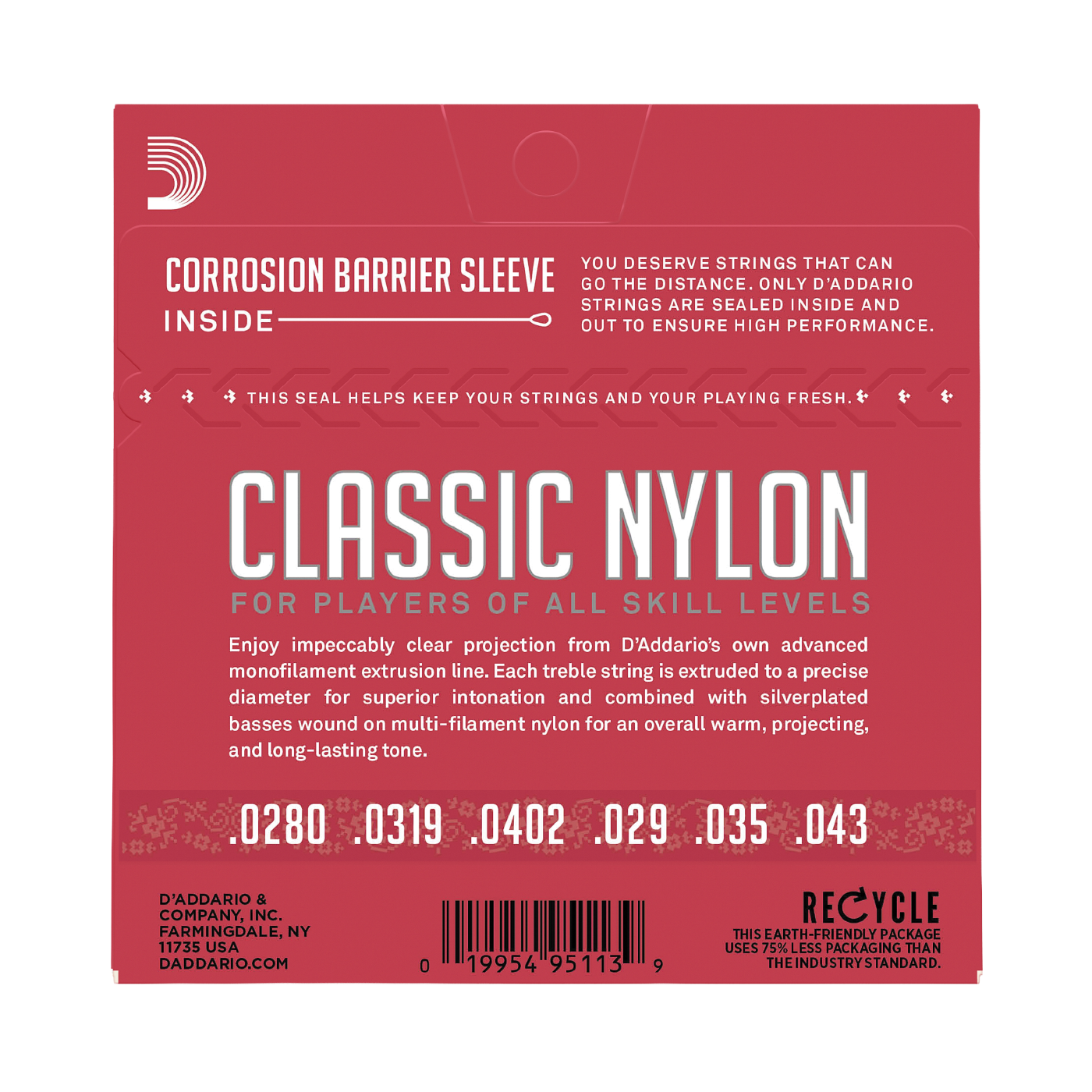 D'Addario Classic Nylon guitar strings packaging sleeve, featuring a red background with white text and product specifications.
