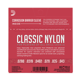 D'Addario Classic Nylon guitar strings packaging sleeve, featuring a red background with white text and product specifications.