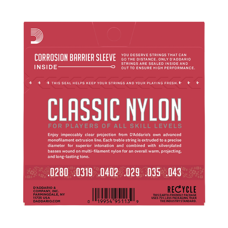 D'Addario Classic Nylon guitar strings packaging sleeve, featuring a red background with white text and product specifications.