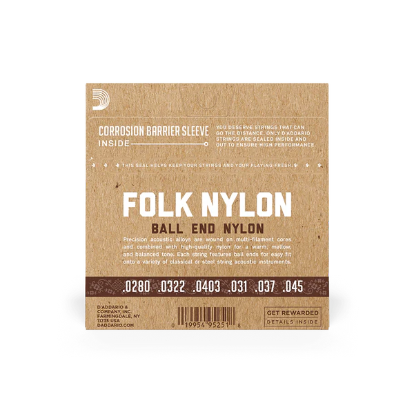 The backside of packaging for D'Addario EJ33 Folk Nylon guitar strings with product details