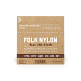 The backside of packaging for D'Addario EJ33 Folk Nylon guitar strings with product details