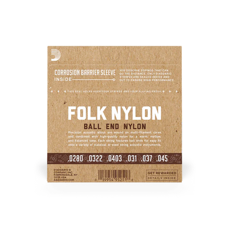 The backside of packaging for D'Addario EJ33 Folk Nylon guitar strings with product details
