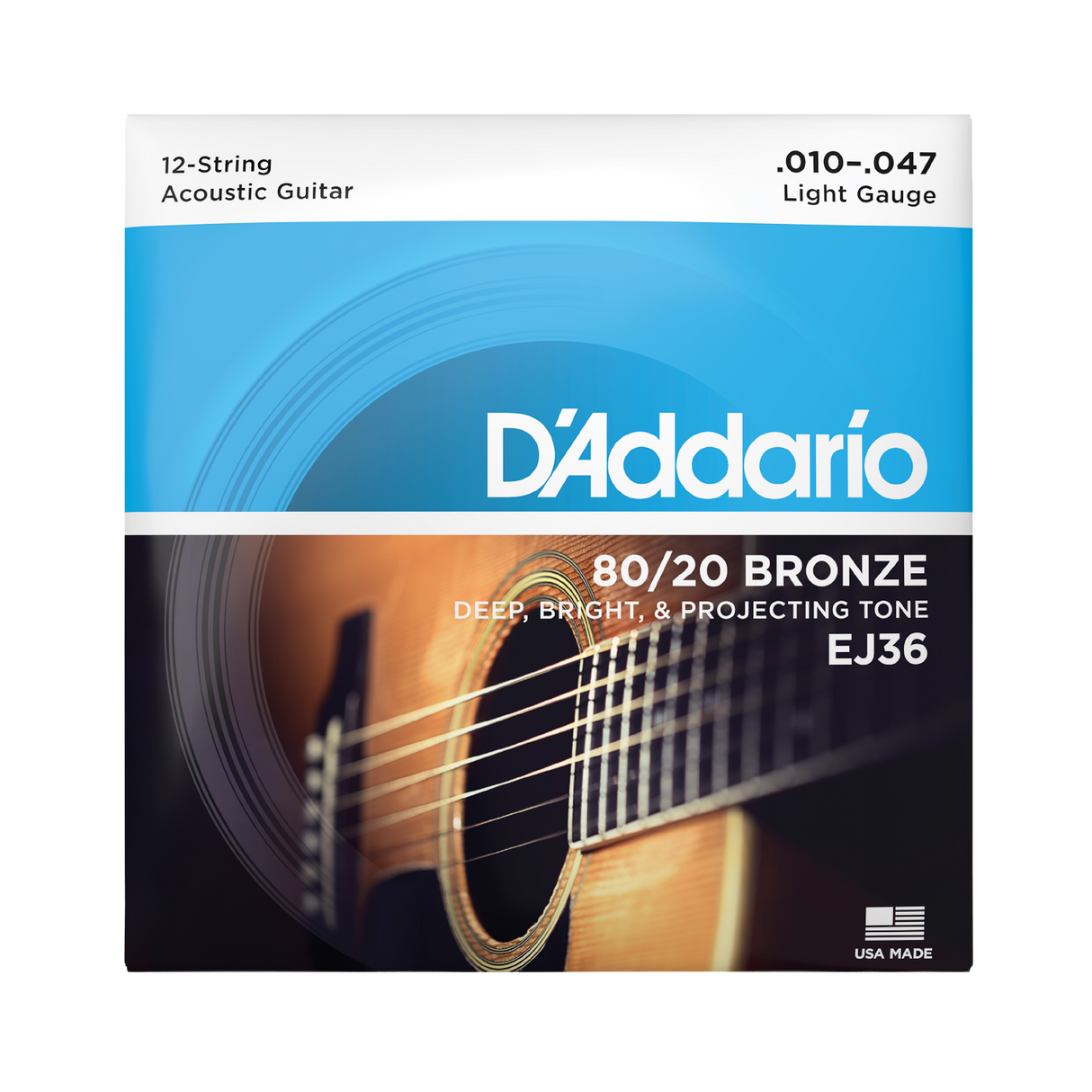 Packaging for D'Addario EJ36 12-string acoustic guitar strings with product details
