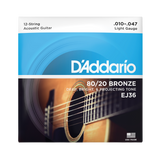 Packaging for D'Addario EJ36 12-string acoustic guitar strings with product details