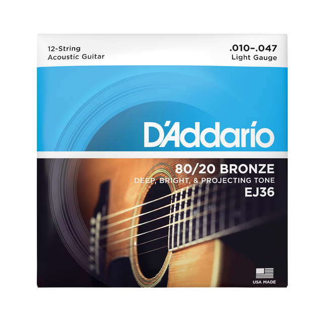 Packaging for D'Addario EJ36 12-string acoustic guitar strings with product details