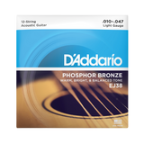 D'Addario EJ38 acoustic guitar string package, featuring a white, blue, and brown graphic design with text indicating light gauge phosphor bronze strings for a 12-string acoustic guitar.