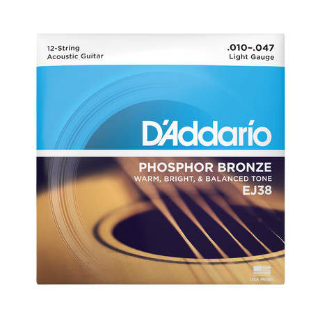 D'Addario EJ38 acoustic guitar string package, featuring a white, blue, and brown graphic design with text indicating light gauge phosphor bronze strings for a 12-string acoustic guitar.