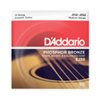 D'Addario EJ39 acoustic guitar strings packaging, featuring a red and black design with a blurred acoustic guitar soundboard image and white text.
