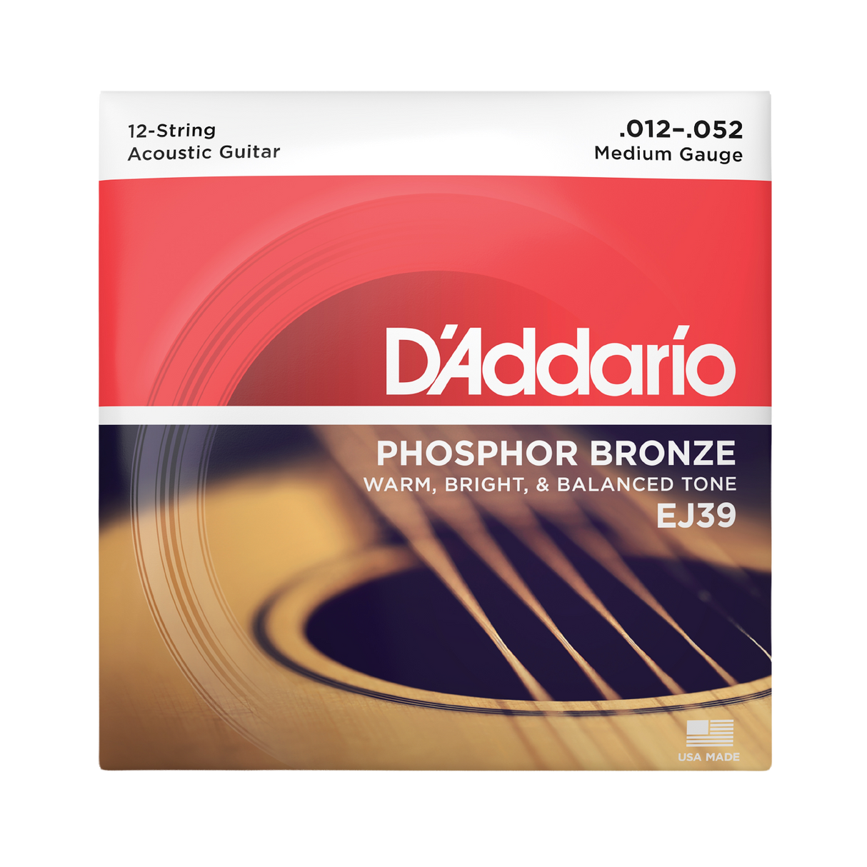D'Addario EJ39 acoustic guitar strings packaging, featuring a red and black design with a blurred acoustic guitar soundboard image and white text.