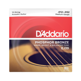 D'Addario EJ39 acoustic guitar strings packaging, featuring a red and black design with a blurred acoustic guitar soundboard image and white text.